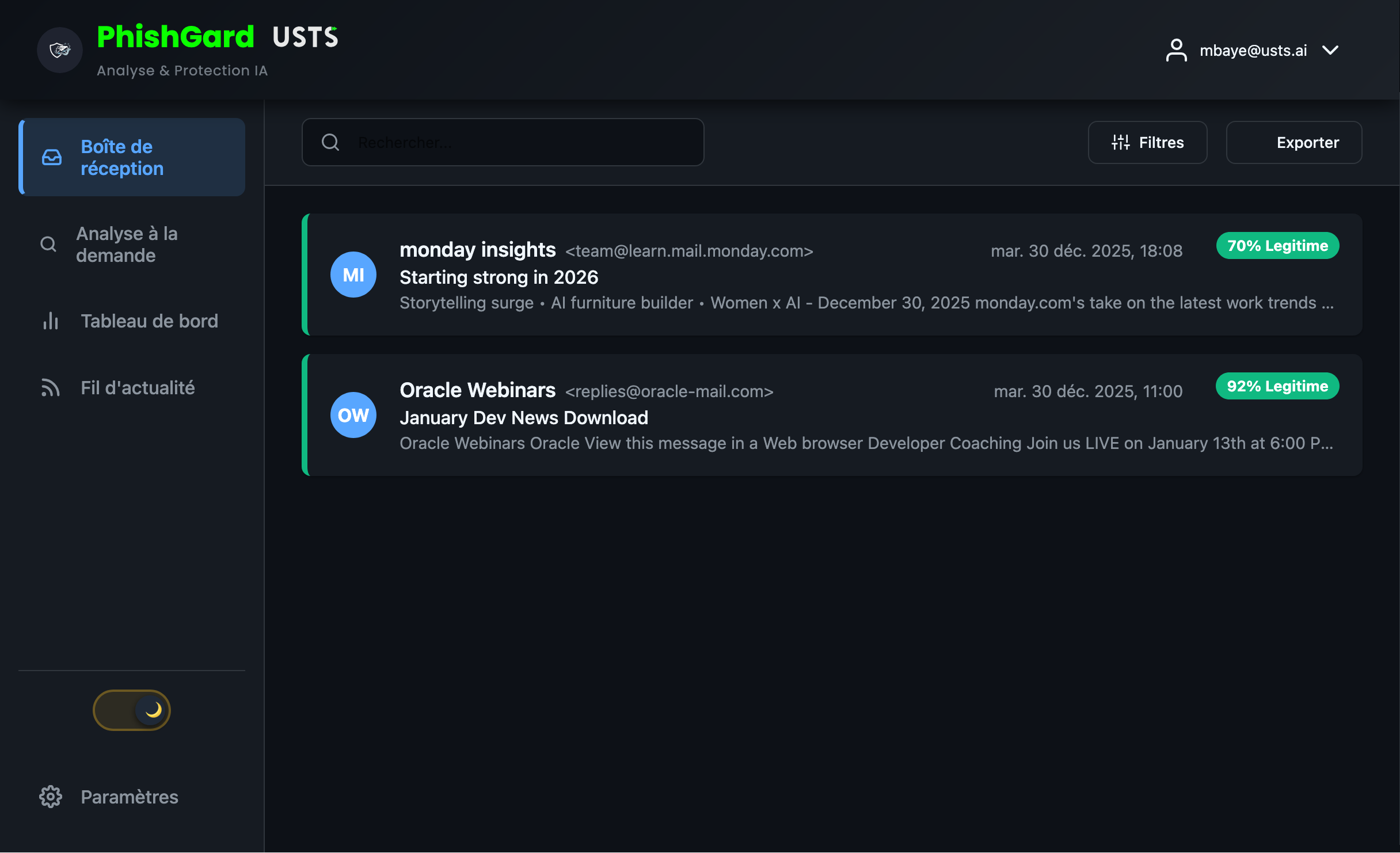 Interface PhishGard Inbox